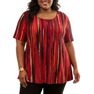 Avenue Plus Size 26 Top Pintuck Detail Red & Black Striped Short Sleeve